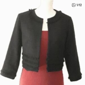 Karl Lagerfeld Paris Black Tweed Frayed Cropped Blazer